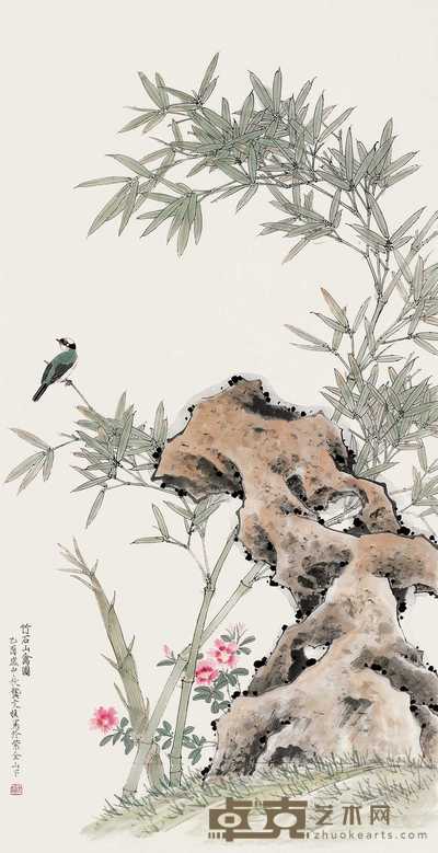 龚文桢 乙酉(2005年)作 竹石山禽图 镜心 135×69.5cm